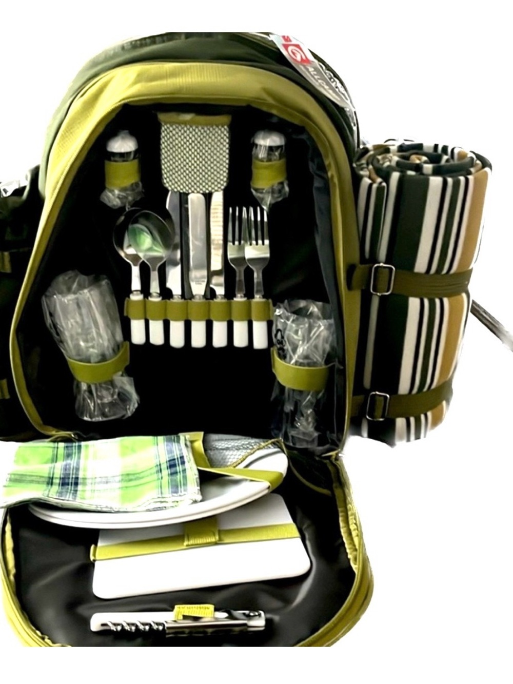 Allcamp Outdoor Gear Olive Green Picnic Backpack Set with Cutlery and Blanket